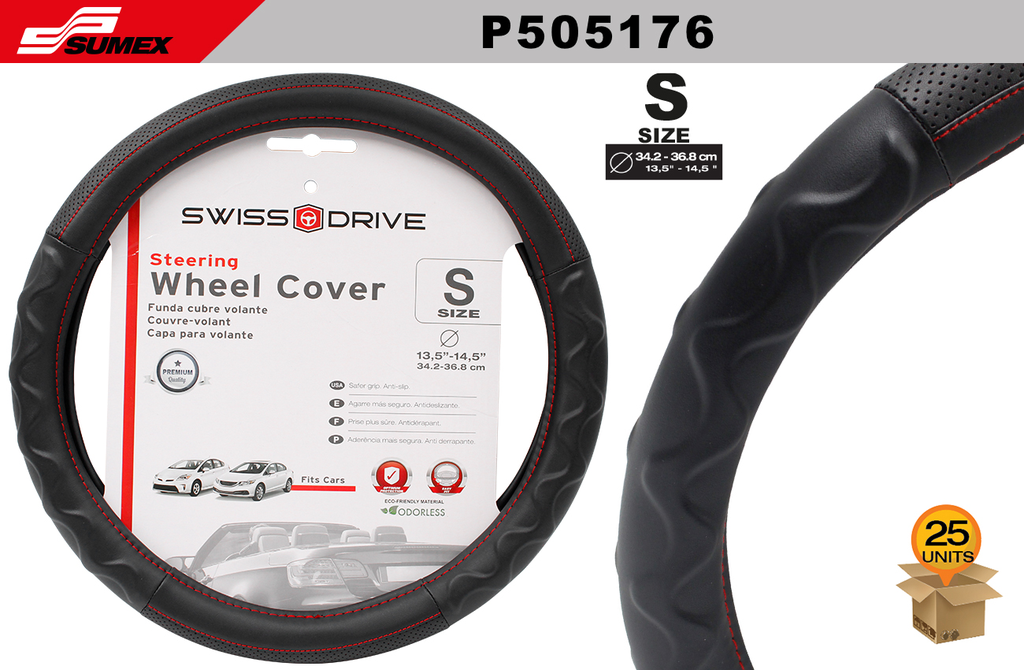 STEERING WHEEL COVER SWISS DRIVE "S" CIVIC BLACK/RED (34.2 X 36.8 CM) (25 UNITS)