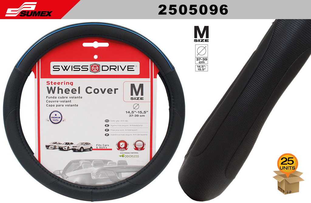 FORRO DE TIMON SWISS DRIVE "M" COLOR LINE NEGRO LINEA AZUL (37 x 39CM) (25 UNDS)