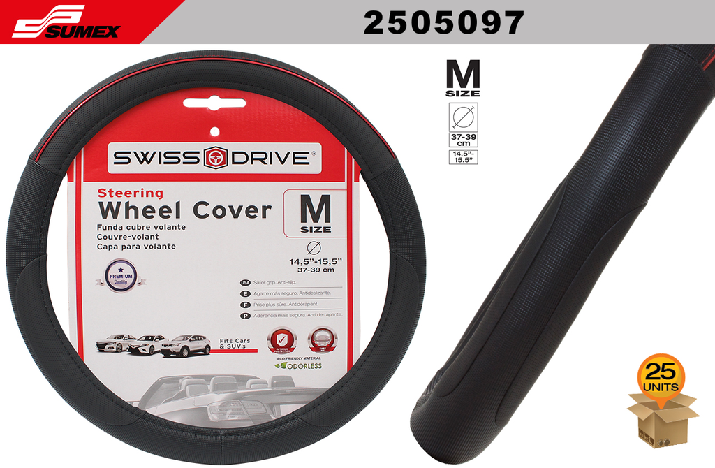 STEERING WHEEL COVER SWISS DRIVE "M" COLOR LINE BLACK/RED (37 X 39 CM) (25 UNITS)
