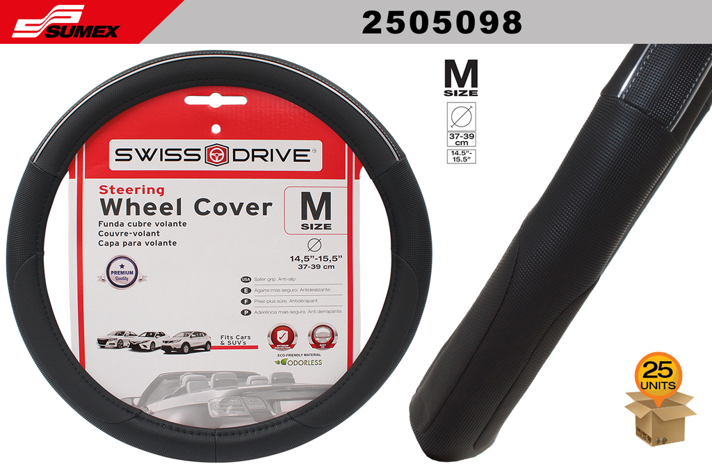 FORRO DE TIMON SWISS DRIVE "M" COLOR LINE NEGRO LINEA PLATEADA (37 x 39CM) (25 UNDS)