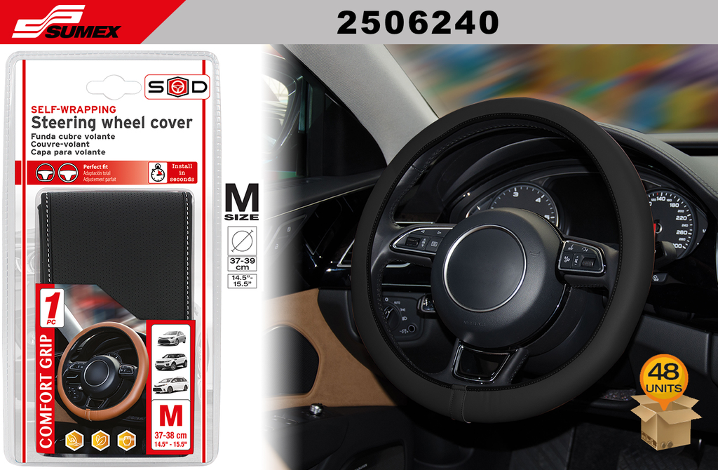 STEERING WHEEL COVER  SWISS DRIVE "M" COMFORT GRIP BLACK PERFORATED/WHITE STITCHES (37 X 38 CM) (48 UNITS)
