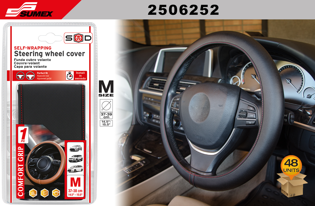 STEERING WHEEL COVER SWISS DRIVE "M" COMFORT GRIP BLACK PERFORATED/RED STICH (37 X 38 CM) (48 UNITS)