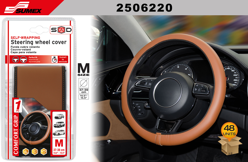 STEERING WHEEL COVER SWISS DRIVE "M" COMFORTGRIP BROWN (37 X 38 CM) (48 UNITS)