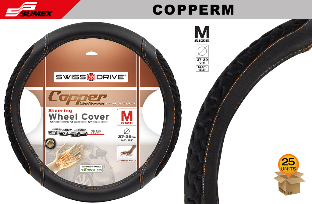 FORRO DE TIMON SWISS DRIVE "M" COPPER NEGRO/COSTURA NARANJA (37 x 38CM) (25 UNDS)