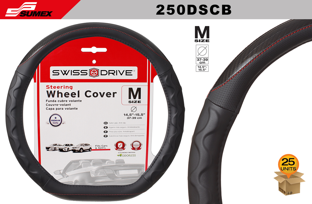 STEERING WHEEL COVER SWISS DRIVE "M" D-SHAPED BLACK/RED (37 X 39 CM) (25 UNITS)