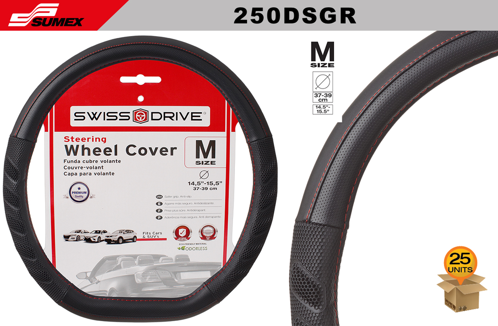 STEERING WHEEL COVER SWISS DRIVE "M" D-SHAPED BLACK/RED (37 X 39 CM) (25 UNITS)