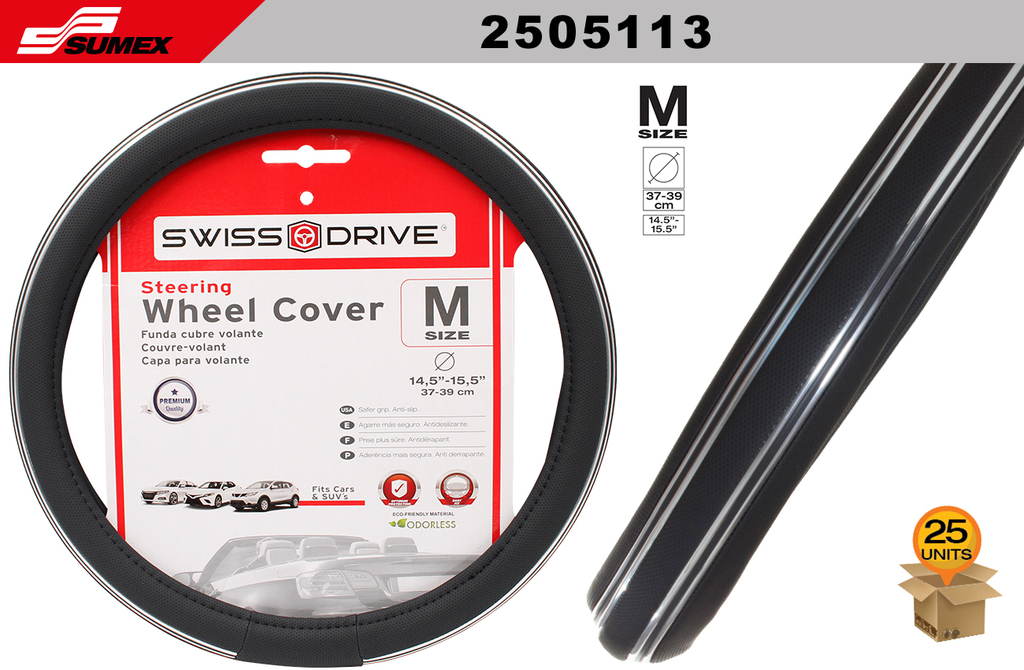 FORRO DE TIMON SWISS DRIVE "M" DOBLE CHROME LINE NEGRO (37 x 39CM) (25 UNDS)