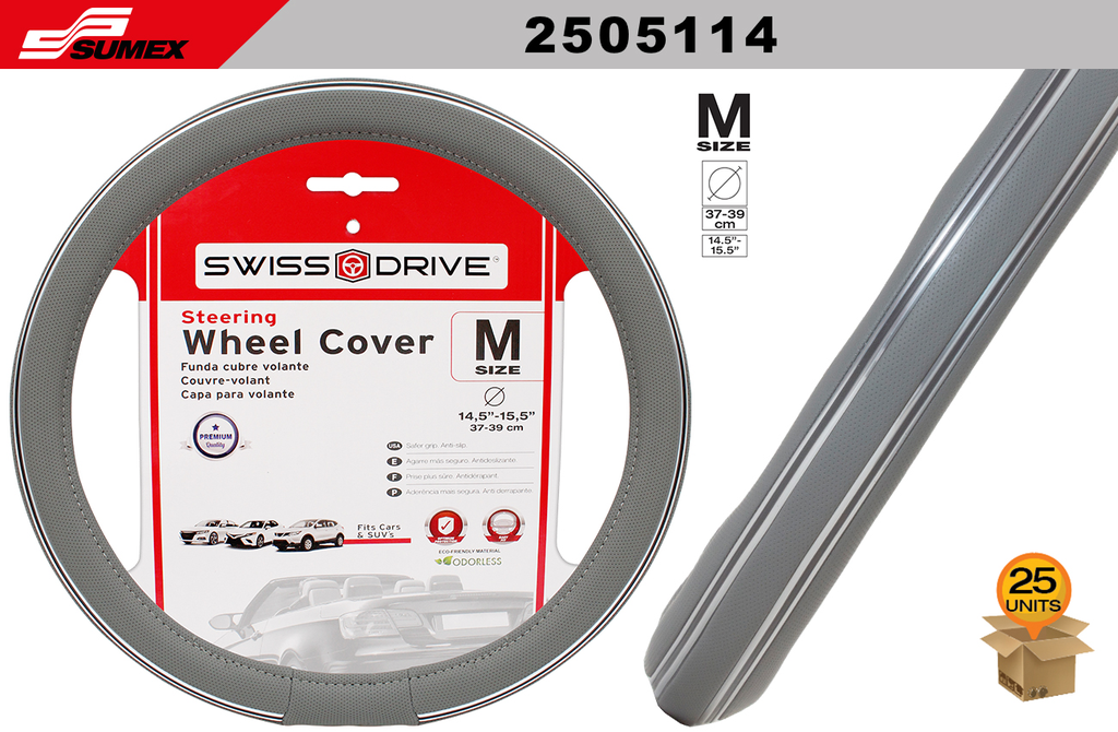 STEERING WHEEL COVER SWISS DRIVE "M" DOUBLE CHROME LINE GREY (37 X 39 CM) (25 UNITS)