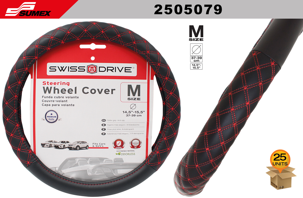 STEERING WHEEL COVER SWISS DRIVE "M" EMPIRE BLACK/RED STITCHES (37 X 39 CM) (25 UNITS)