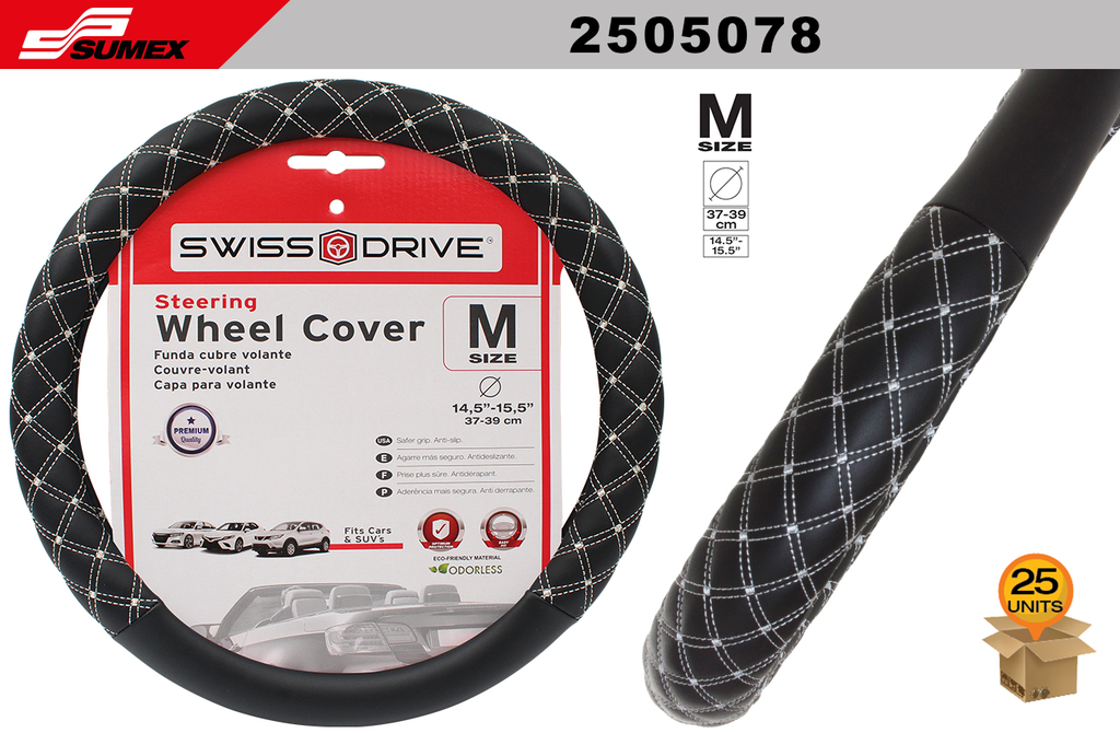 STEERING WHEEL COVER SWISS DRIVE "M" EMPIRE BLACK / WHITE STITCHES (37 X 39 CM) (25 UNITS)
