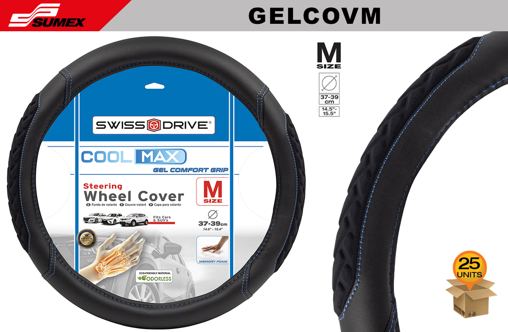 STEERING WHEEL COVER SWISS DRIVE "M" GEL COVERED BLACK/SKY BLUE STITCHES (37 X 38 CM) (25 UNITS)