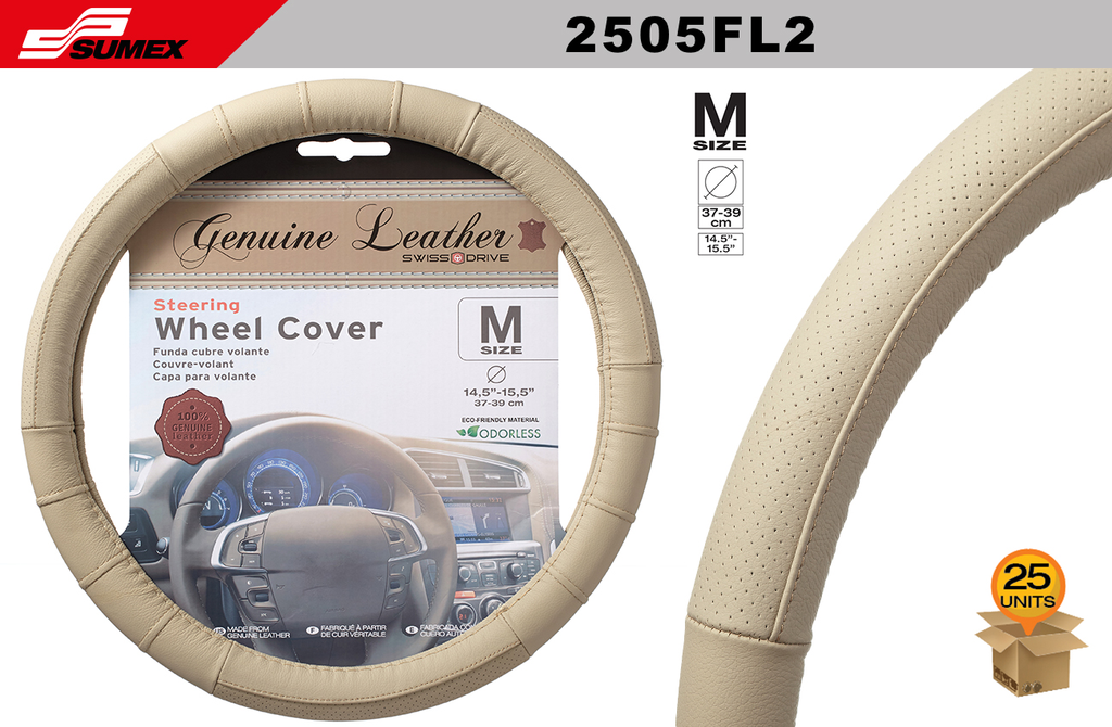 STEERING WHEEL COVER SWISS DRIVE "M" GENUINE LEATHER BEIGE (37 X 39CM) (20UNITS)