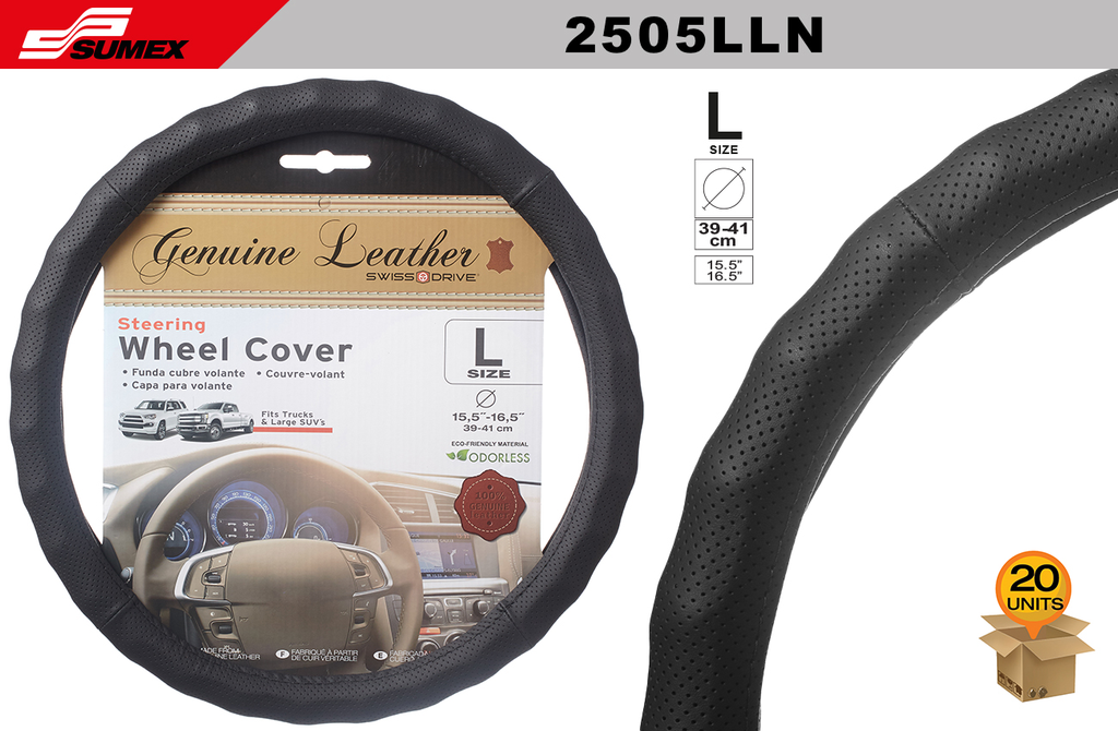STEERING WHEEL COVER SWISS DRIVE "L" GENUINE LEATHER BLACK/BLACK STITCH (39 X 41 CM) (20 UNITS)