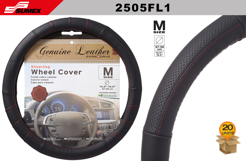 STEERING WHEEL COVER SWISS DRIVE "M"GENUINE LEATHER BLACK/RED STITCH (37 X 39CM) (20UNITS)