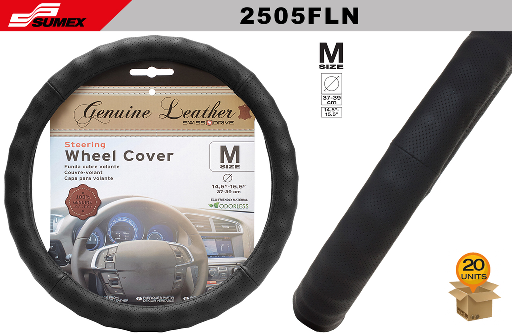STEERING WHEEL COVER SWISS DRIVE "M" GENUNIE LEATHER BLACK (37 X 39 CM) (20 UNITS)