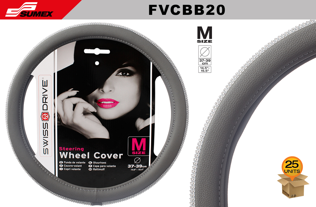 STEERING WHEEL COVER SWISS DRIVE "M" GIRLY BLING SILVER/GREY (37 X 39 CM) (25 UNITS)