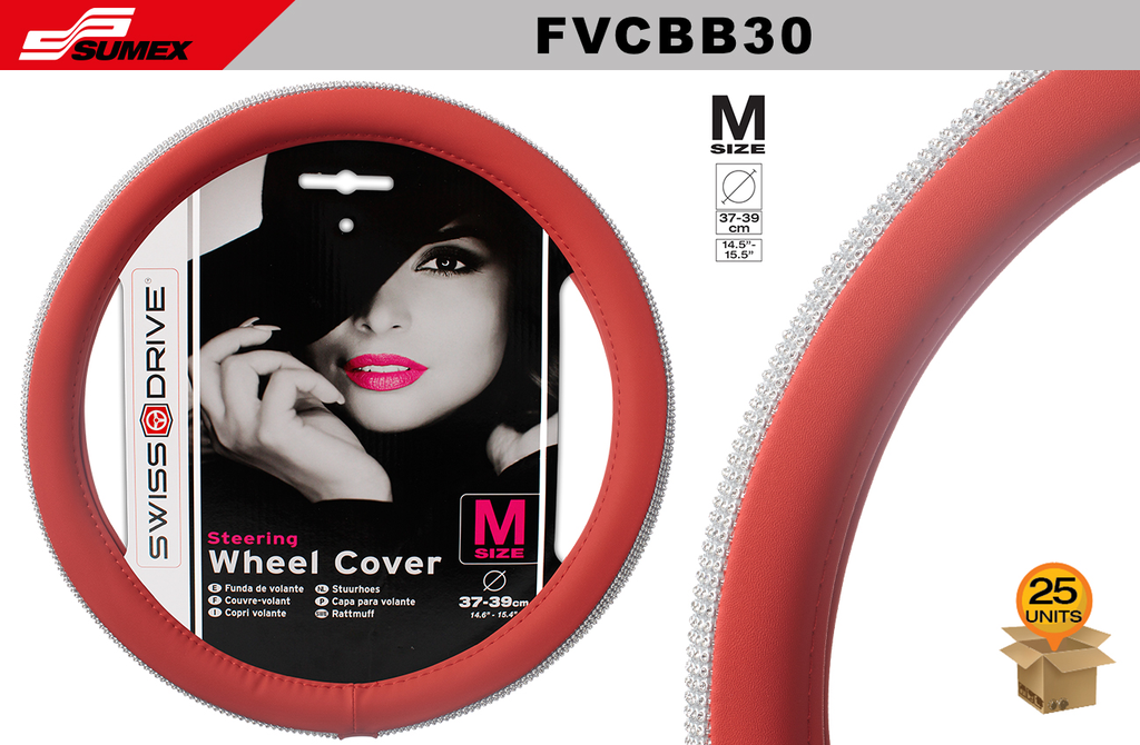 STEERING WHEEL COVER SWISS DRIVE "M" GIRLY BLING SILVER/RED (37 X 39 CM) (25 UNITS)