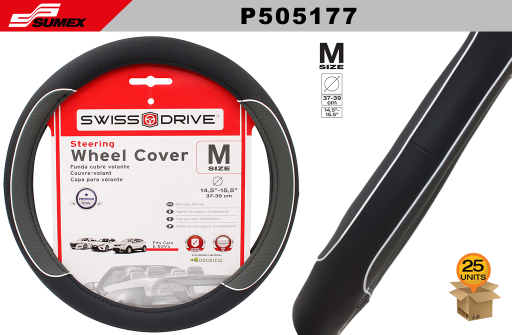 STEERING WHEEL COVER SWISS DRIVE "M" GREY PERFORATED (37 X 39 CM) (25 UNITS)