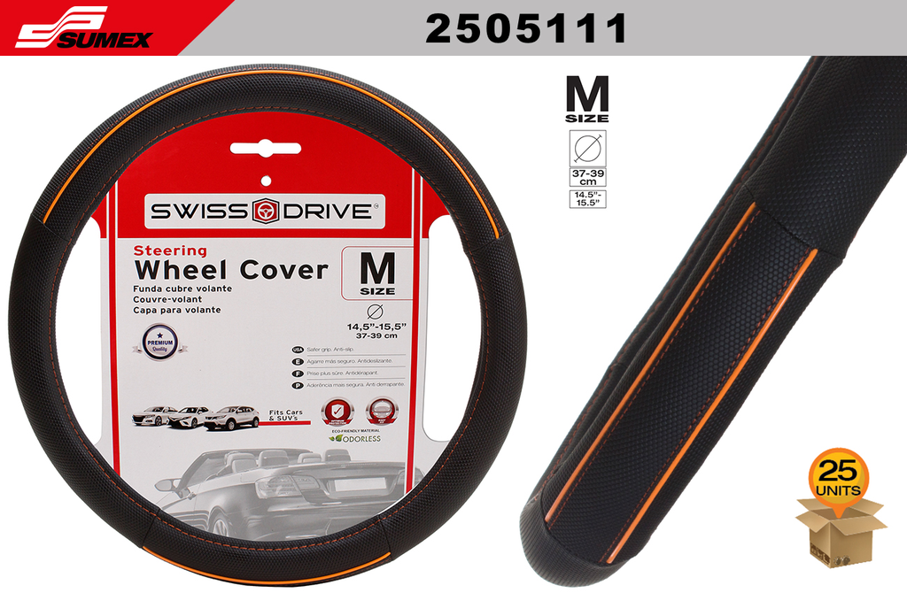 FORRO DE TIMON SWISS DRIVE "M" ORANGE LINE NEGRO/COSTURA NARANJA (37 x 39CM) (25 UNDS)