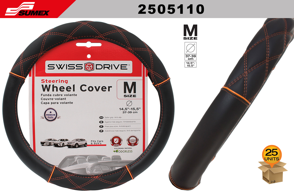 FORRO DE TIMON SWISS DRIVE "M" ORANGE SPORT NEGRO/COSTURA NARANJA (37 x 39CM) (25 UNDS)