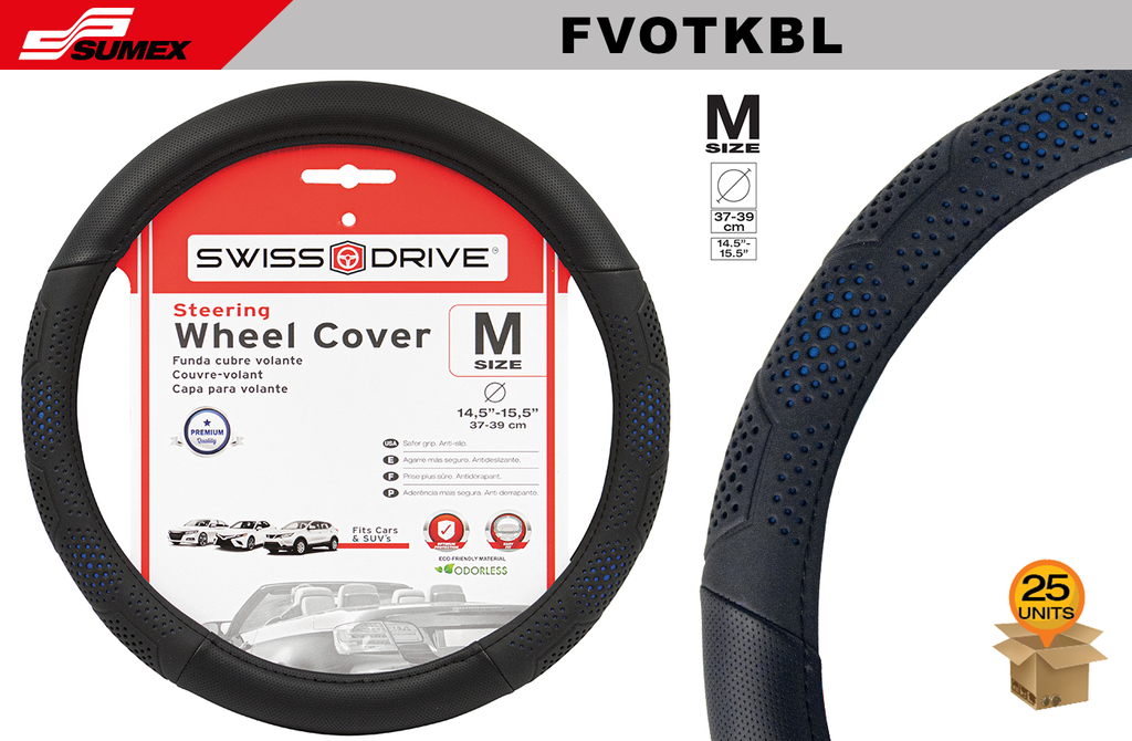 FORRO DE TIMON SWISS DRIVE "M" OVERTAKE NEGRO/AZUL (37 x 39CM) (25 UNDS)