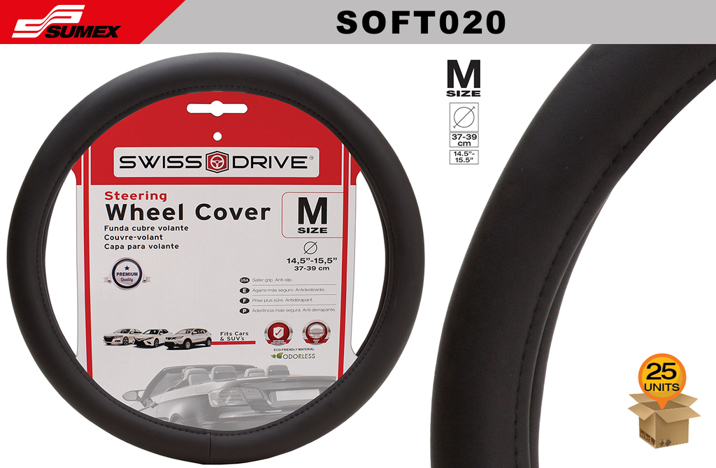 STEERING WHEEL COVER SWISS DRIVE "M" SOFT BLACK/BLACK (37 X39 CM) (25 UNITS)