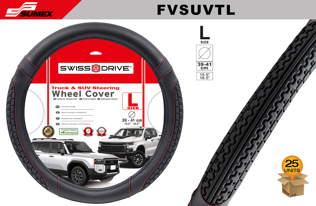 STEERING WHEEL COVER SWISS DRIVE "L" SUV TIRE TREAD BLACK/RED STITCHES (39 X 41 CM) (25 UNITS)