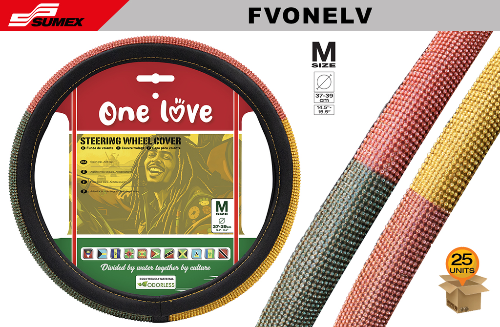 STEERING WHEEL COVER SWISS DRIVE "M" ONE LOVE RED/GREEN/YELLOW (37 X 39 CM) (25 UNITS)