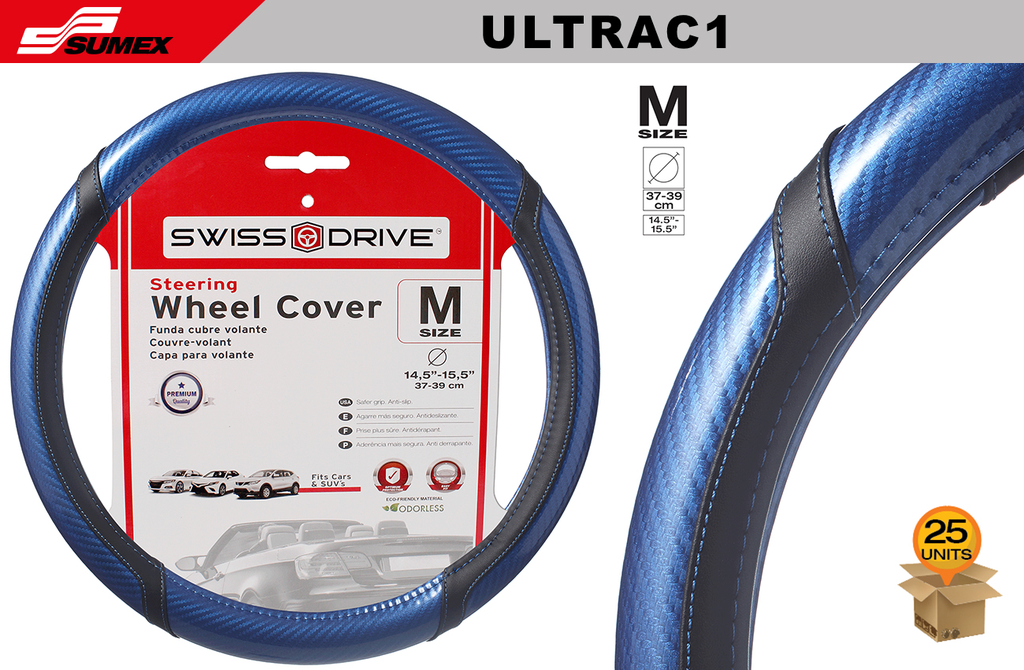 FORRO DE TIMON SWISS DRIVE "M" ULTRA CARBON NEGRO/AZUL (37 x 39CM) (25 UNDS)