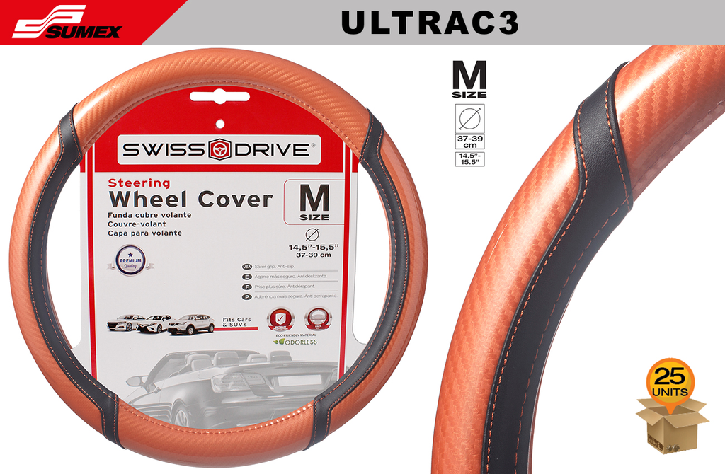 STEERING WHEEL COVER SWISS DRIVE "M" ULTRA CARBON BLACK/ORANGE (37 X 39 CM) (25 UNITS)