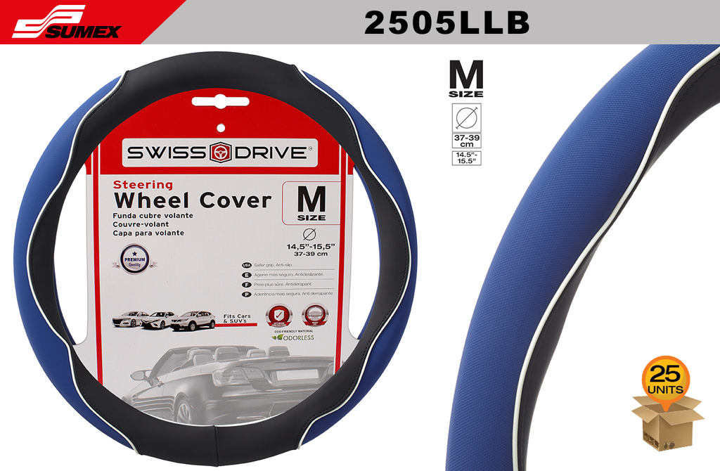 STEERING WHEEL COVER SWISS DRIVE "M" WHITE LINE BLACK/BLUE (37 X 39 CM) (25 UNITS)