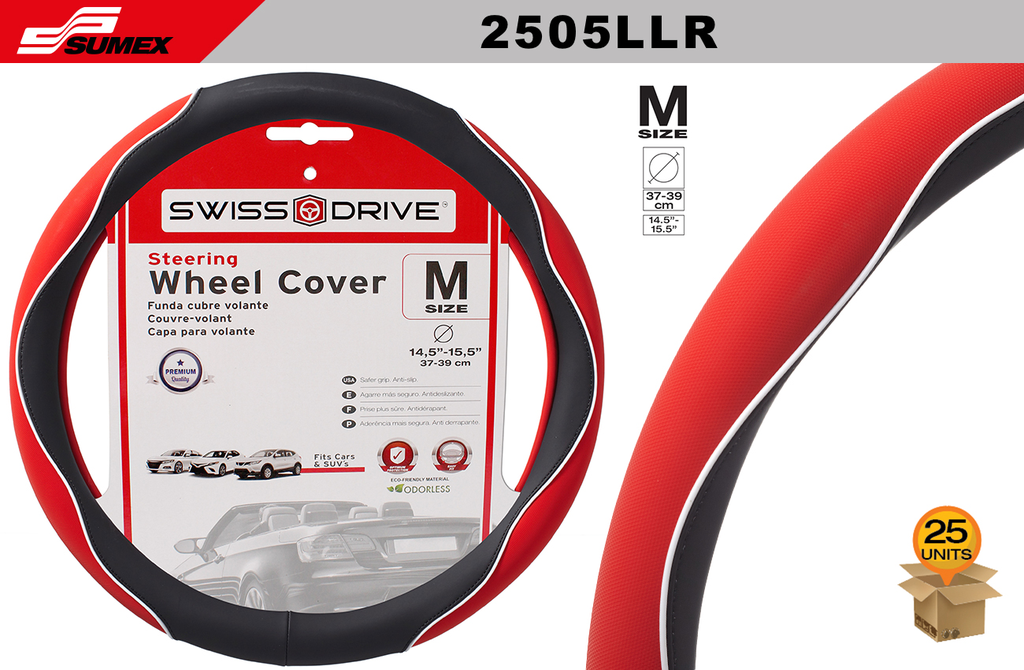 FORRO DE TIMON SWISS DRIVE "M" WHITE LINE NEGRO/ROJO (37 x 39CM) (25 UNDS)