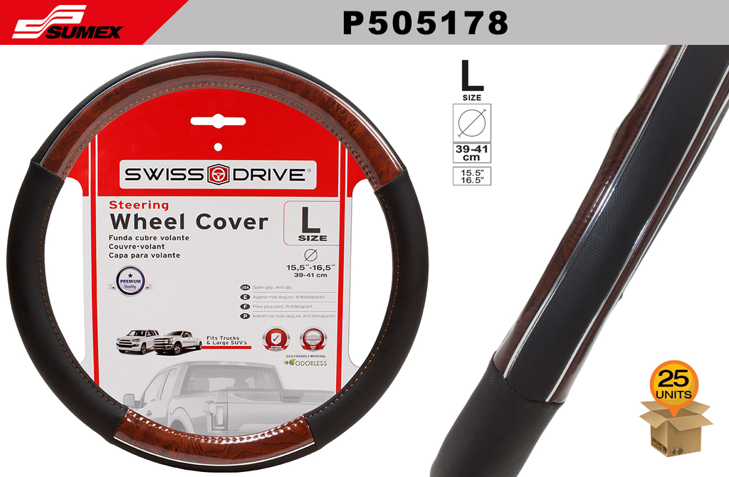 STEERING WHEEL COVER SWISS DRIVE "L" WOOD GRAIN CHROME LINE BLACK (39 X 41 CM) (25 UNITS)