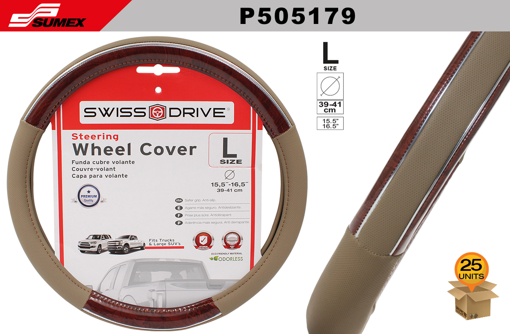 STEERING WHEEL COVER SWISS DRIVE "L" WOOD GRAIN CHROME LINE BEIGE (39 X 41 CM) (25 UNITS)