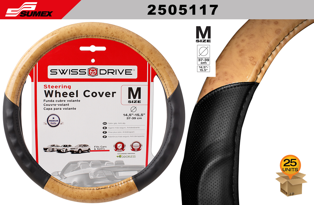 STEERING WHEEL COVER SWISS DRIVE "M" WOOD GRAIN LEXUS LINE BLACK LIGHT (37 X 39 CM) (25 UNITS)