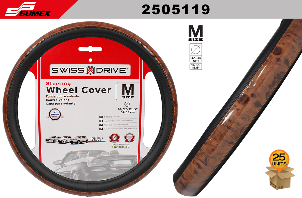 STEERING WHEEL COVER SWISS DRIVE "M" WOOD GRAIN DARK (37 X 39 CM) (25 UNITS)