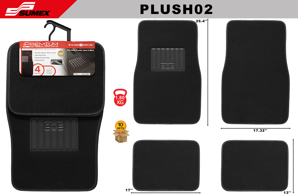 PLUSH CAR MAT SWISS DRIVE BLACK (4UNITS) (10SETS)