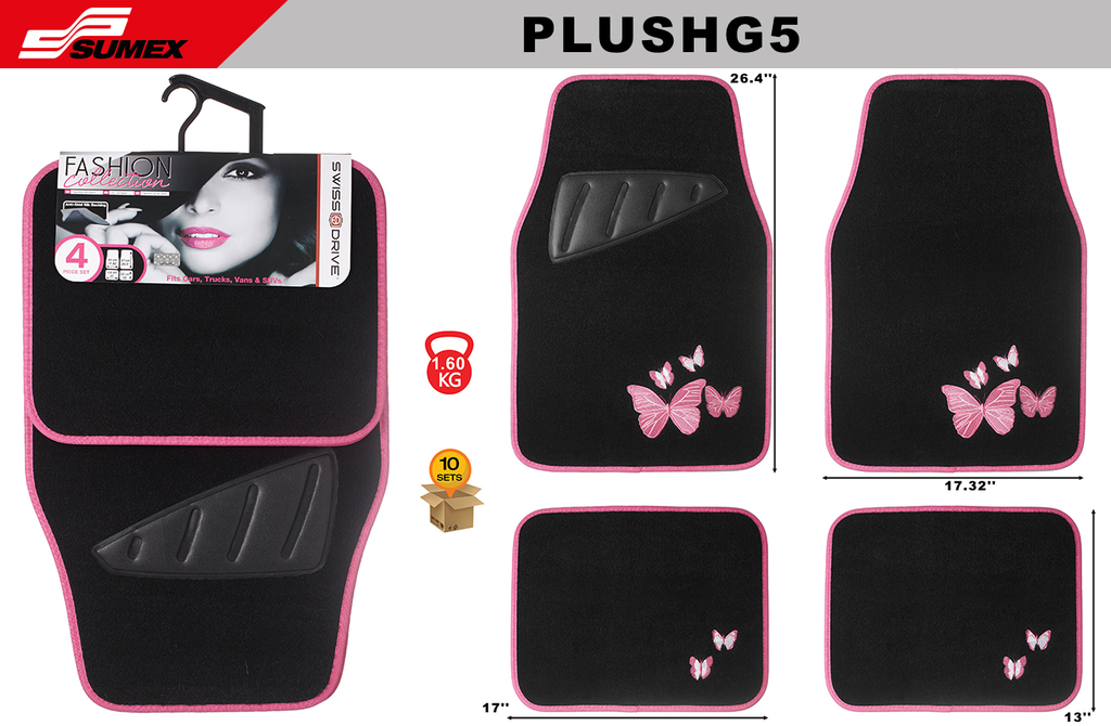 ALFOMBRA DE FELPA SWISS DRIVE NEGRO CON MARIPOSAS (4UNDS) (10SETS)