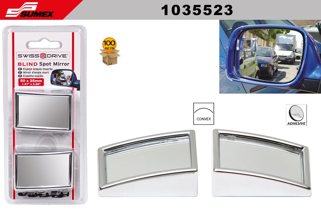 ESPEJO CUADRADO CONVEX SWISS DRIVE (50 x 25MM)(100 SETS) (4 SETS  = 25 UNDS)