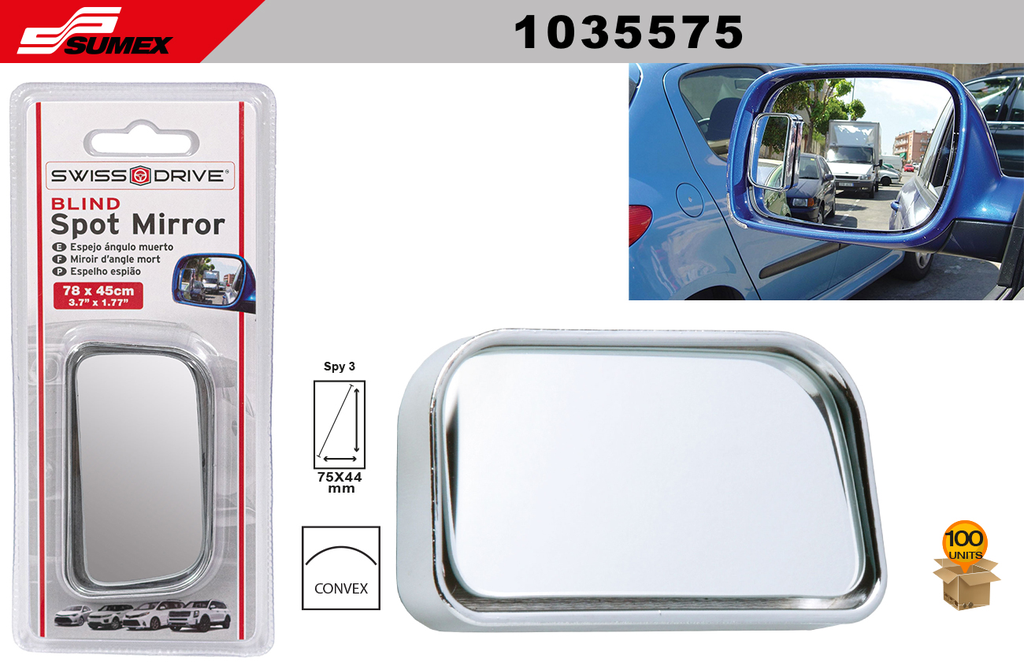 ESPEJO DE PUNTO CIEGO RECTANGULAR CONVEX SWISS DRIVE (75 x 44 MM) (100 UNDS) (2 SETS = 50 UNDS)