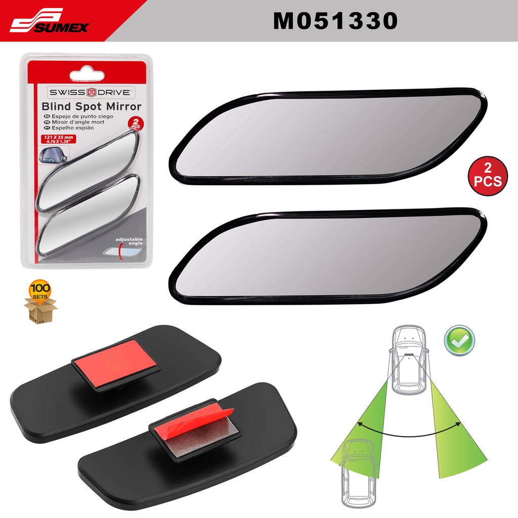 ESPEJO DE PUNTO CIEGO RECTANGULAR SWISS DRIVE NEGRO (121 x 35MM) (100 SETS) (2 SETS=50 UNDS)