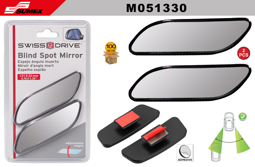 ESPEJO DE PUNTO CIEGO RECTANGULAR SWISS DRIVE NEGRO (121 x 35MM) (100 SETS) (2 SETS=50 UNDS)