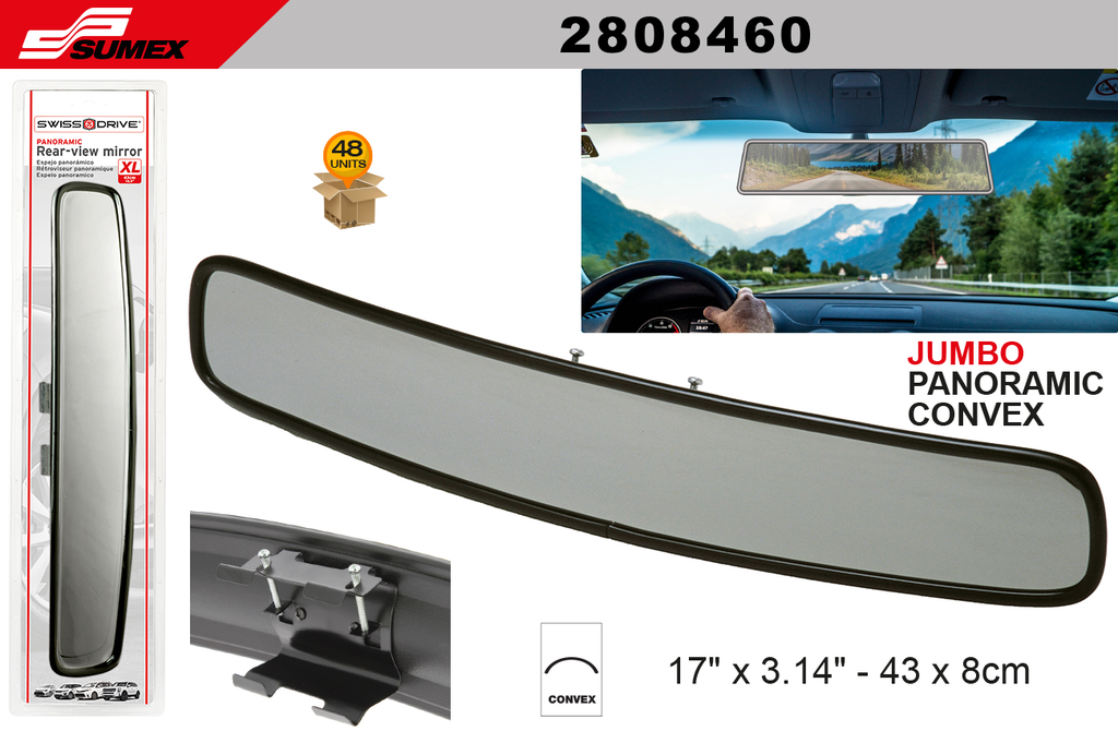 ESPEJO RETROVISOR PANORAMICO  SWISS DRIVE CONVEX JUMBO (43 X 8 CM) (48 UNDS) (8SETS = 6UNDS)