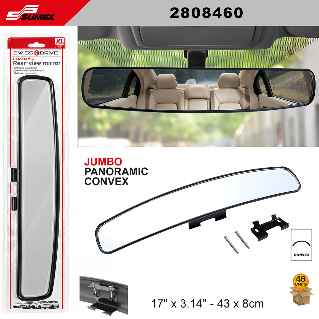 ESPEJO RETROVISOR PANORAMICO  SWISS DRIVE CONVEX JUMBO (43 X 8 CM) (48 UNDS) (8SETS = 6UNDS)