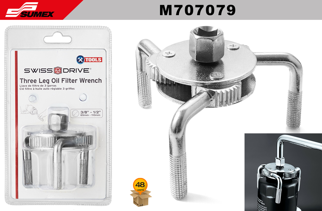 LLAVE DE FILTRO DE ACEITE DE 3 GARRAS SWISS DRIVE (65MM - 110MM) (48 UNDS)(4 SETS = 12 UNDS)