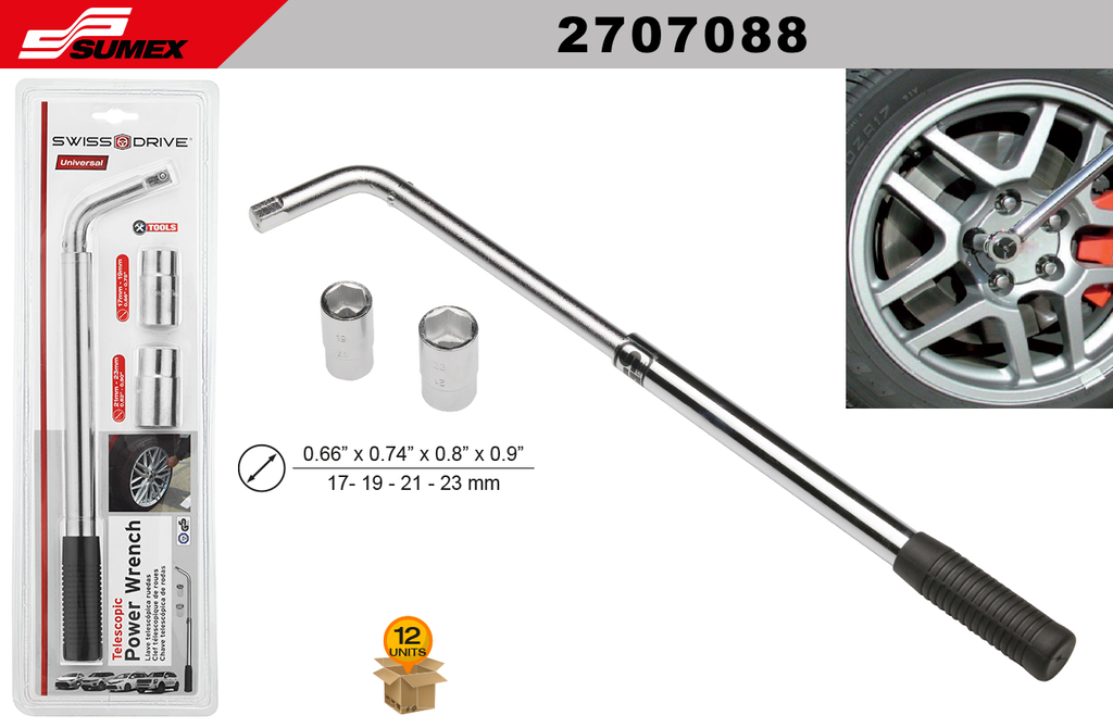 EXTENSION WRENCH W/2 SOCKETS SWISS DRIVE (17 - 19 - 21 - 23MM) (12 SETS)