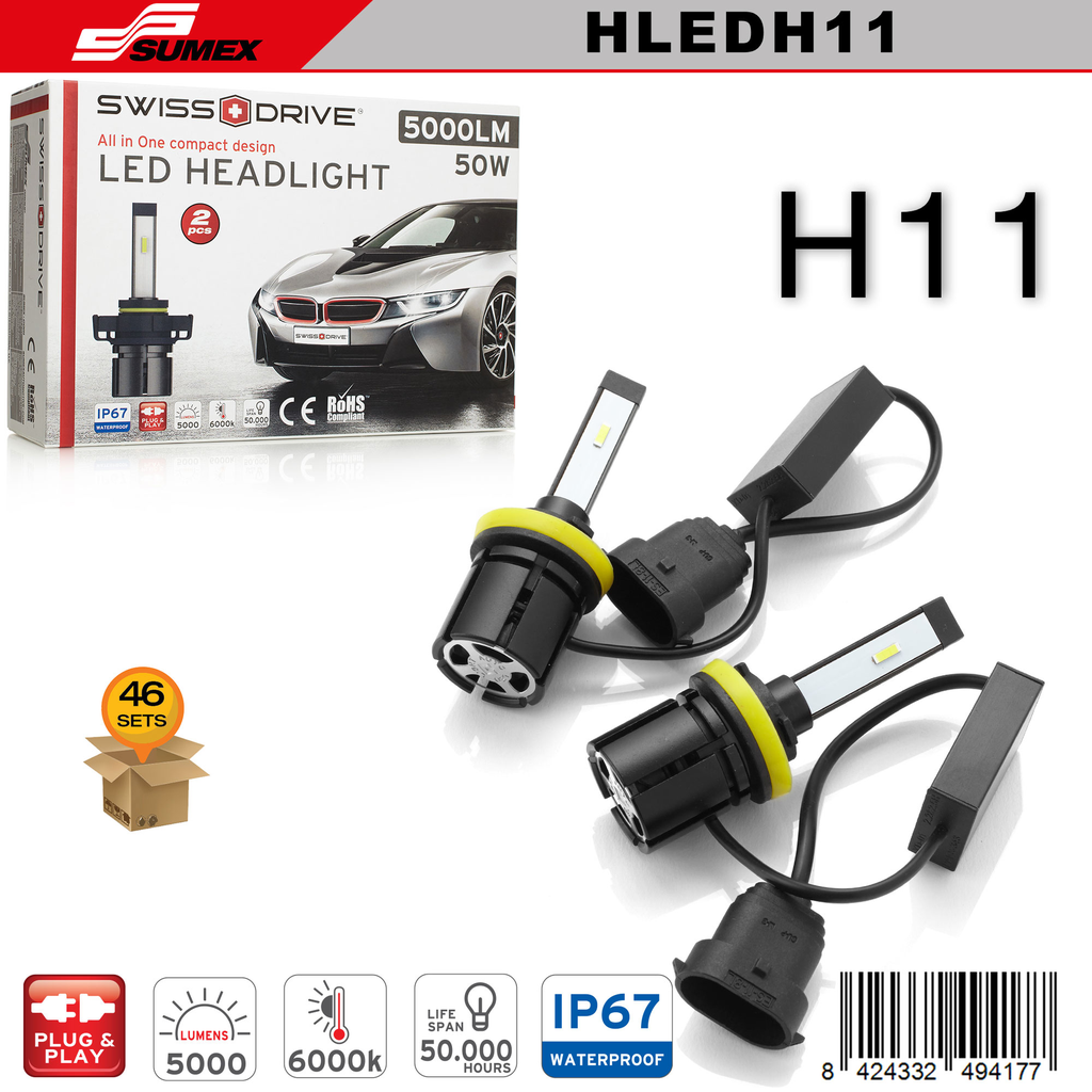 LED HEADLIGHT SWISS DRIVE 6000K H11 (5000LM) (2 PCS) (46 SETS)
