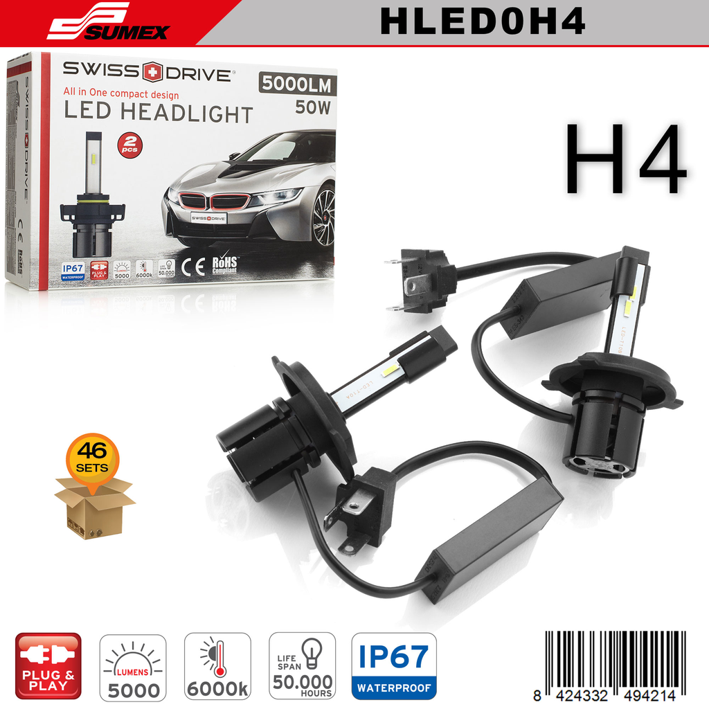 LED HEADLIGHT SWISS DRIVE 6000K H4 HIGH/LOW (5000LM) (2 PCS) (46 SETS)
