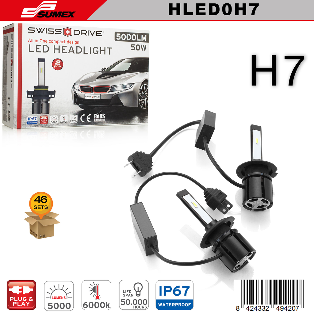 LUZ LED SWISS DRIVE 6000K H7 (5000LM) (2 UNDS) (46 SETS)