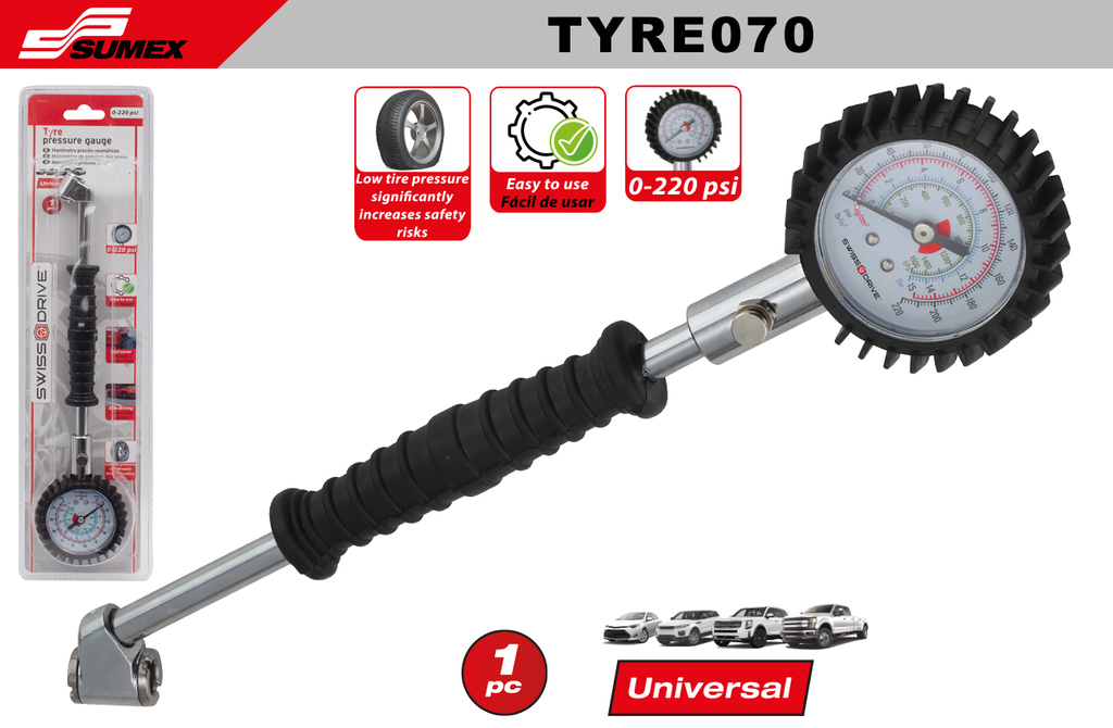MANOMETRO ANALOGICO PARA NEUMATICOS 220 PSI SWISS DRIVE (50 UNDS)